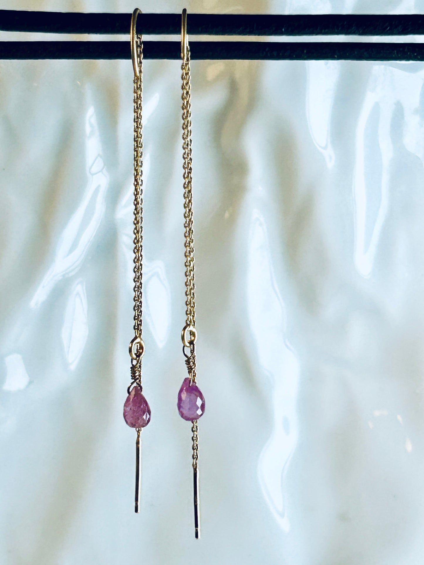 LONG LIGHT EARRINGS with strawberry rose quartz