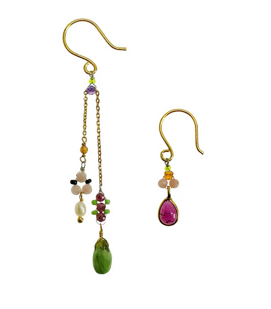 Orecchini Le MIgnon asimmetrci A2 con amazonite ametista granati perla