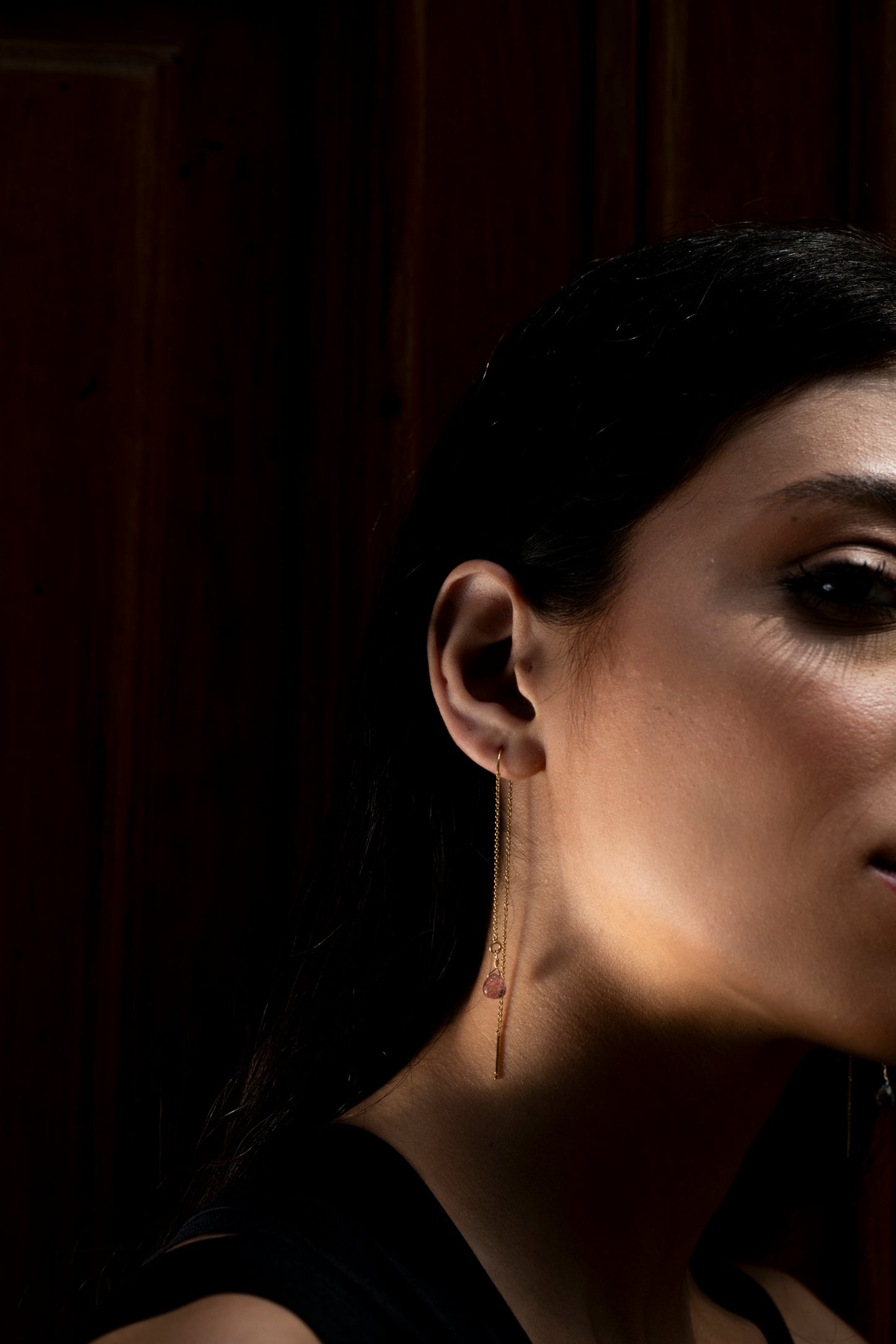 LONG LIGHT EARRINGS with strawberry rose quartz